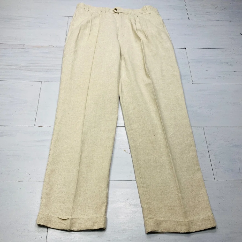 Dockers Pleated Linen Blend Pants Mens 34x29 Beige Khaki Cuffed Straight Pant